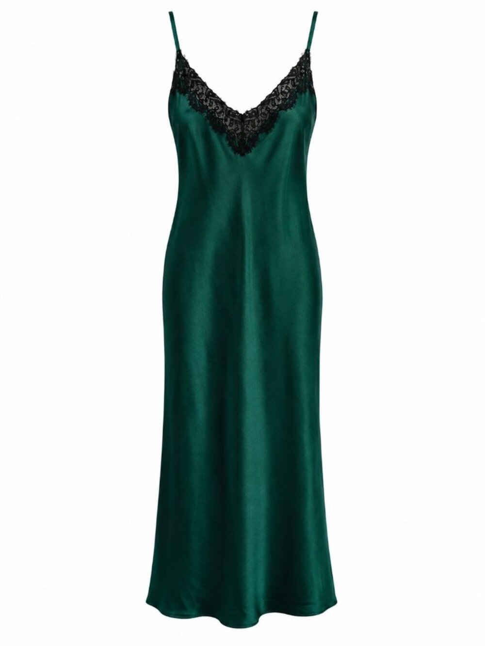 NWT Linea Donatella Satin Chemise Sz L Green Black Lace Trim Slip Nightgown